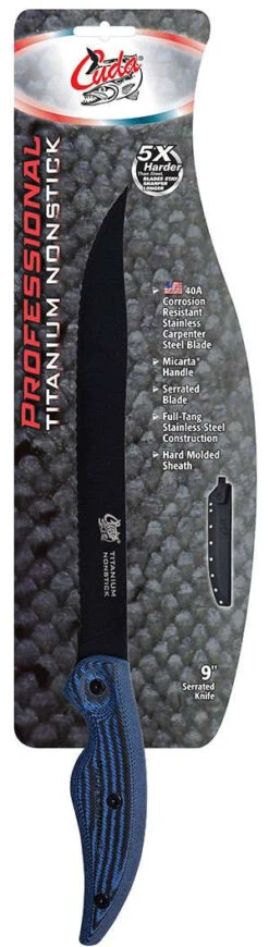 Cuda 18129 9-Inch Titanium Non-Stick Professional Serrated Knife with Sheath -Fishing Tackle Sale cuda 18129 titanium non stick 9 inch professional serrated knife 64672.1696906202